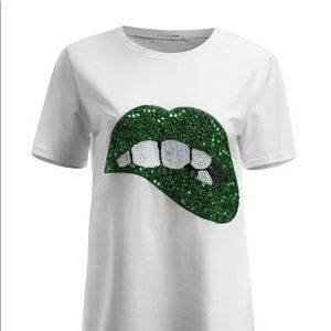 St Patrick's Day sequin green Irish lips designs t shirt Size S